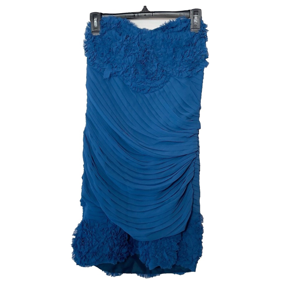 Quail Strapless Mini Cocktail Dress Womens Size S Blue‎ Silk Pleated Ruffle Trim